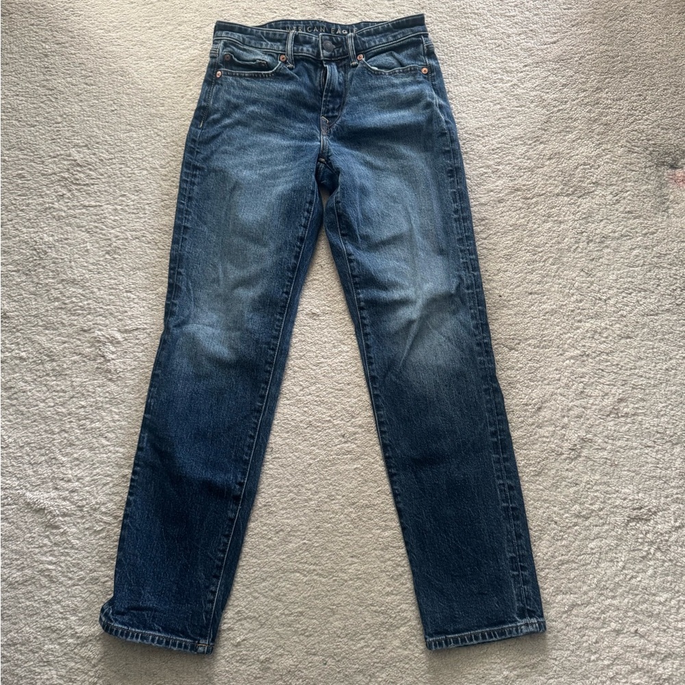 American Eagle Outfitters Medium Blue Denim Jeans with Tan Leather Patch